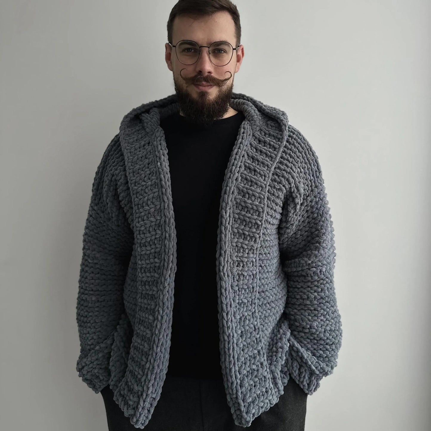 Men’s Chunky Knit Sweater, Custom Color Hooded Cardigan