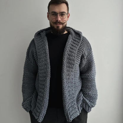 Men’s Chunky Knit Sweater, Custom Color Hooded Cardigan