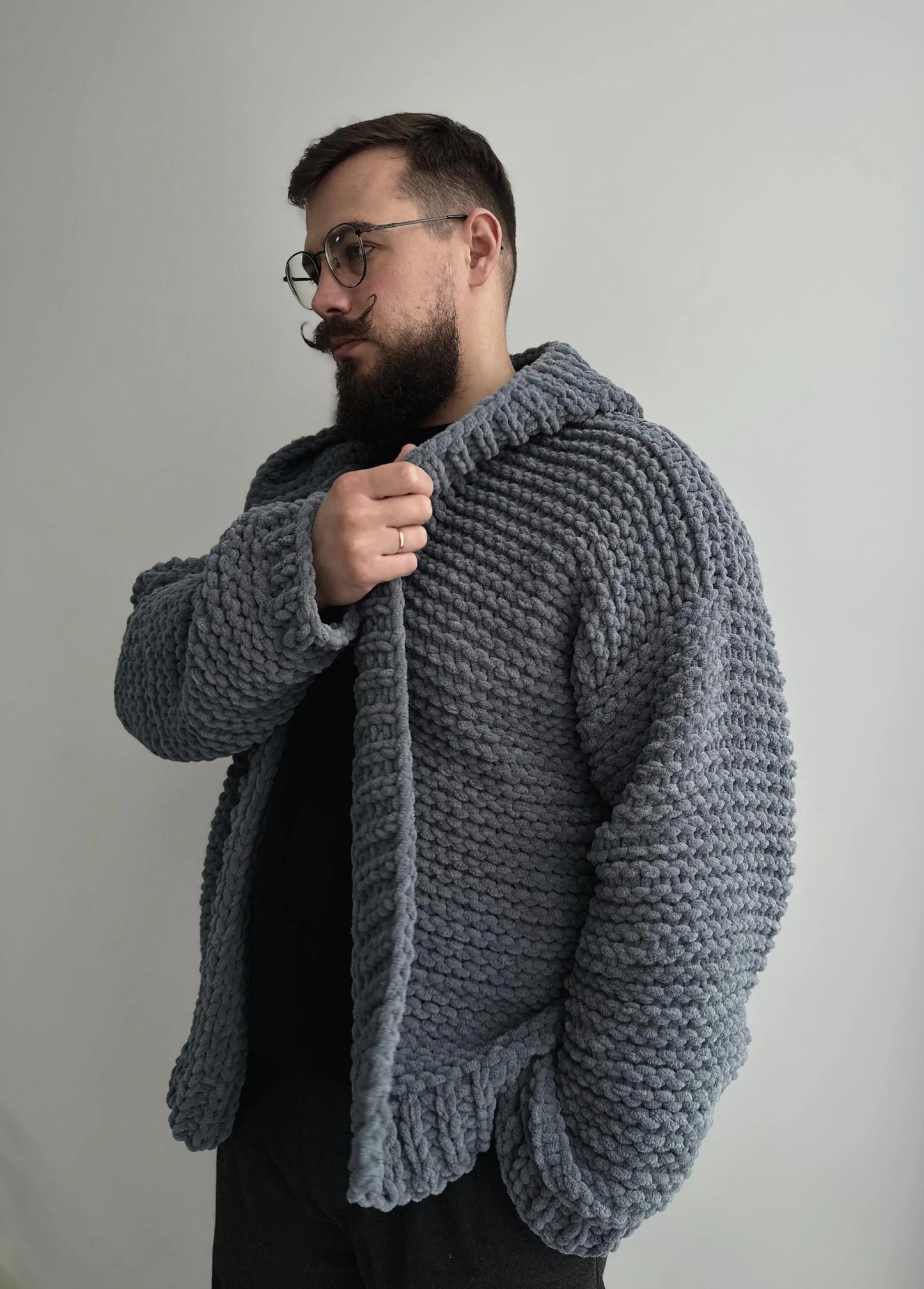 Men’s Chunky Knit Sweater, Custom Color Hooded Cardigan