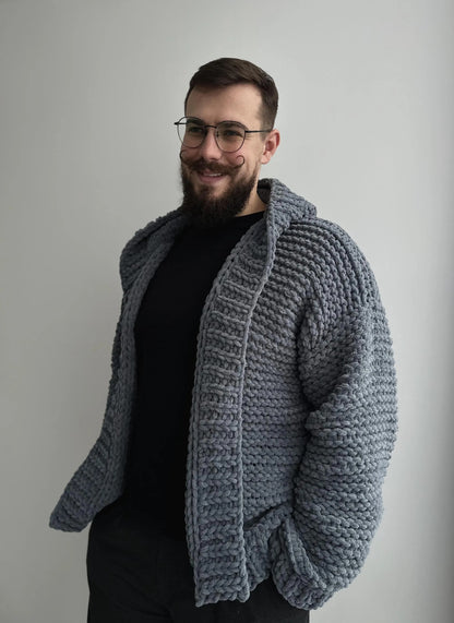 Men’s Chunky Knit Sweater, Custom Color Hooded Cardigan