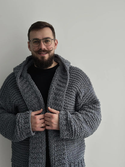 Men’s Chunky Knit Sweater, Custom Color Hooded Cardigan