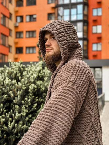 Custom Viking Knit Sweater, Handmade Hooded Cardigan