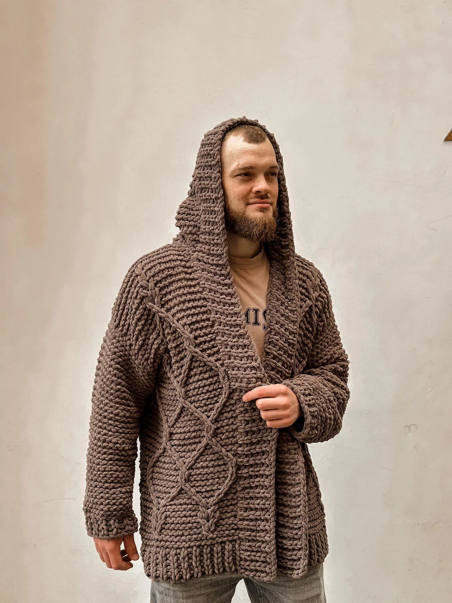 Custom Viking Knit Sweater, Handmade Hooded Cardigan