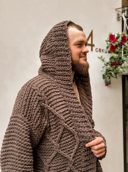 Custom Viking Knit Sweater, Handmade Hooded Cardigan