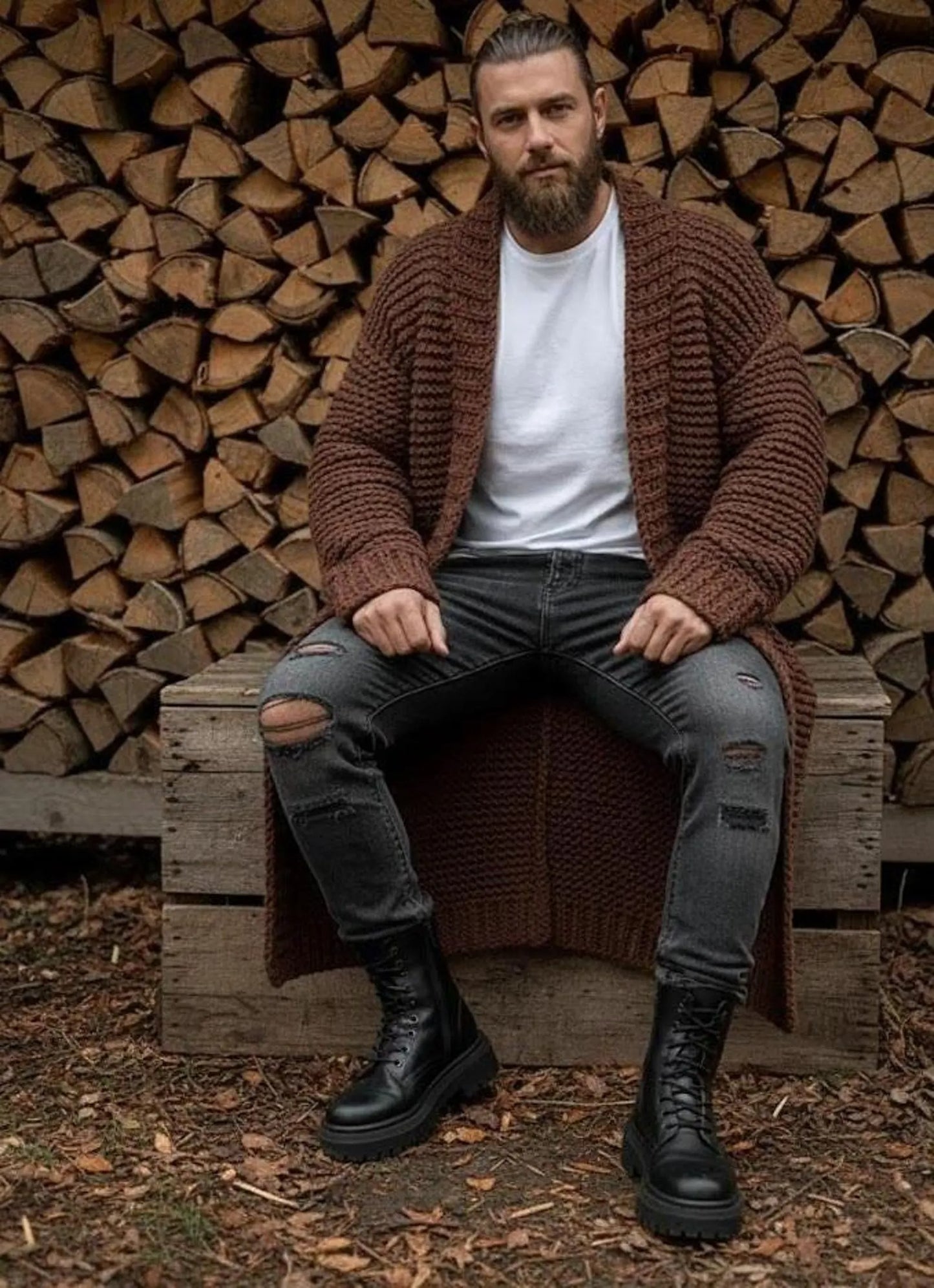 Men’s Long Chunky Knit Cardigan, Handmade Oversized Viking SweateR