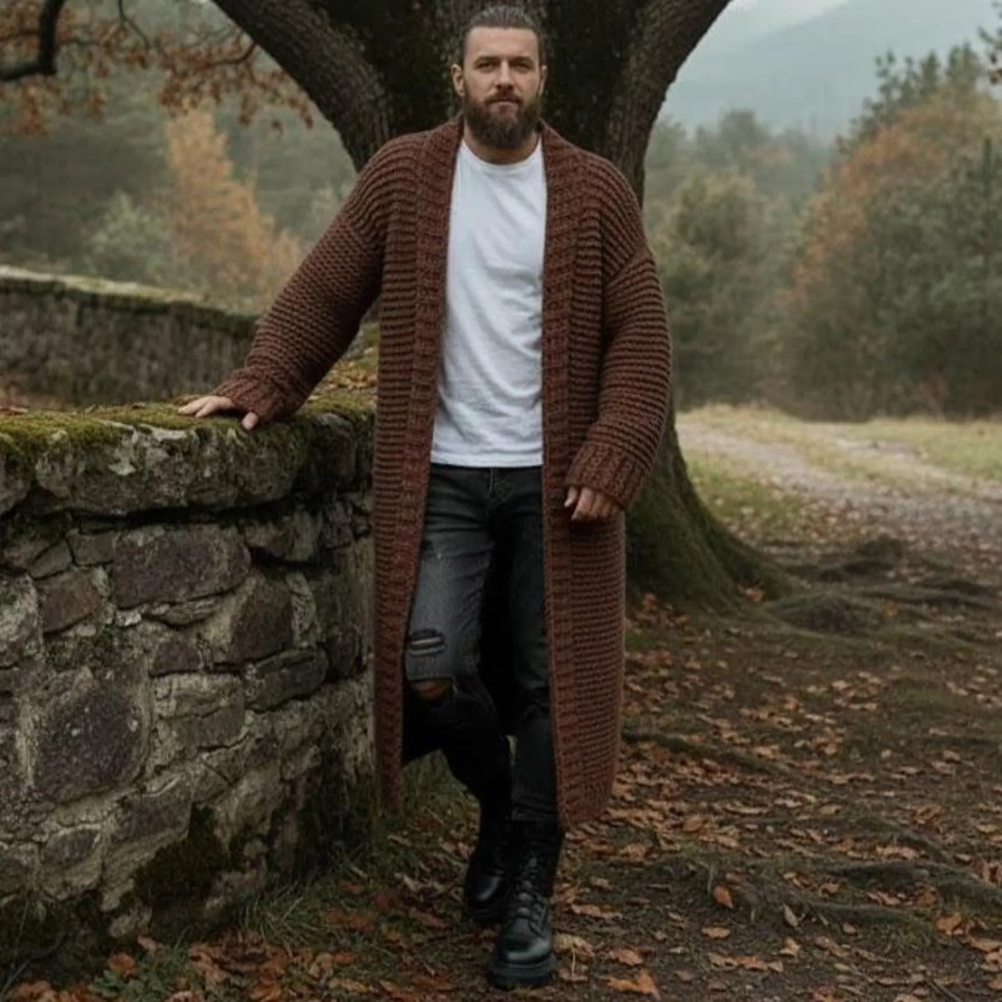 Men’s Long Chunky Knit Cardigan, Handmade Oversized Viking SweateR