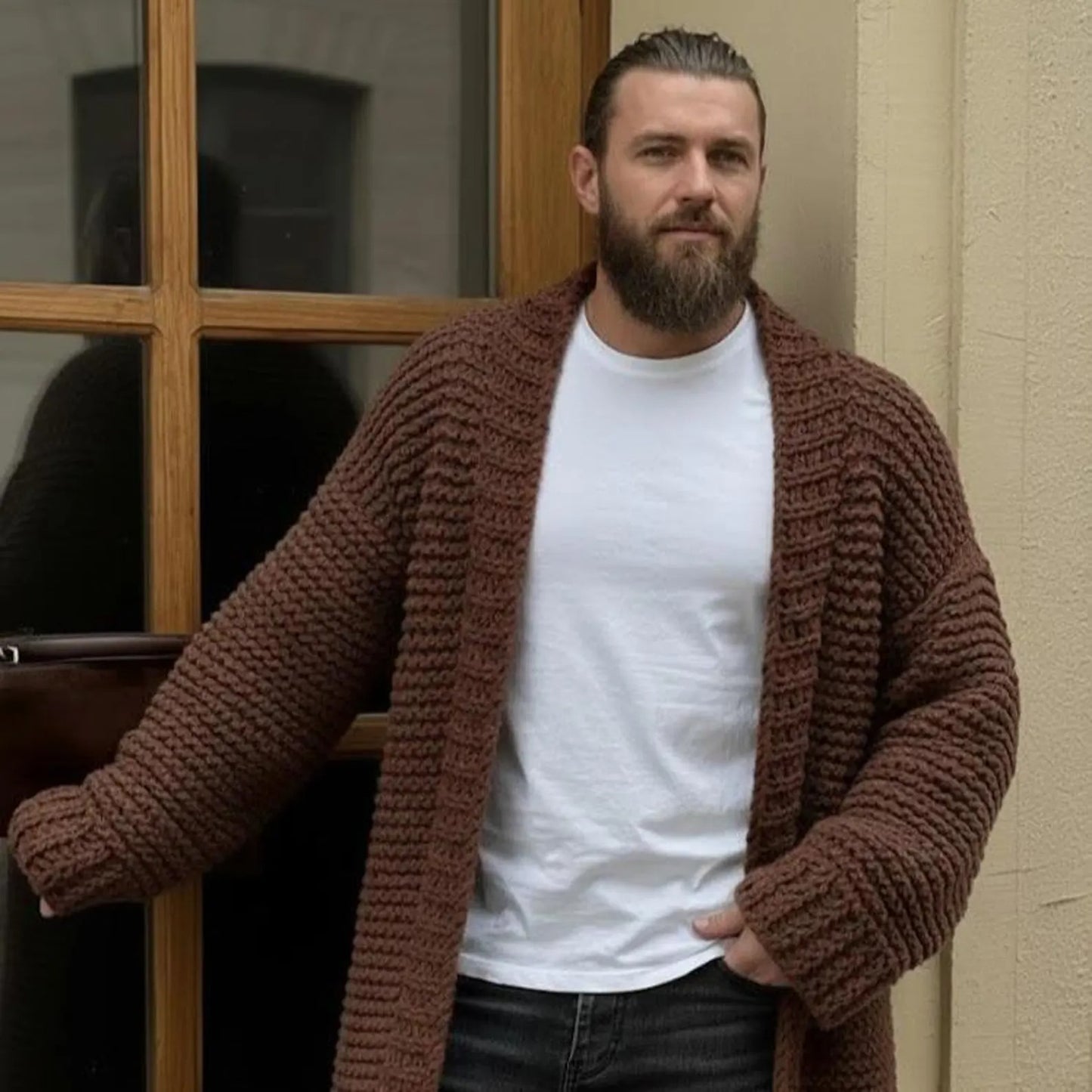 Men’s Long Chunky Knit Cardigan, Handmade Oversized Viking SweateR
